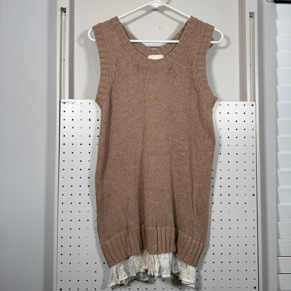 Clu Maille Sweater Vest Women's XS Brown Knit Slit-Back Attached Lace USA Made